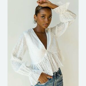 White Eyelet V-Neck Peplum Blouse